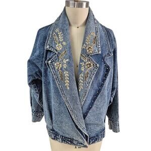 Vtg 80s 90s Pretty Bleu Metallic Gold Embroidery Double Breasted Denim Jacket  M